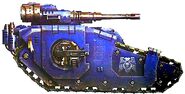 An Ultramarines Space Marine Chapter Relic Sicaran Battle Tank, Hentor of Gage. This honoured vehicle is known to have taken part in the Battle of Calth, but Chapter legend holds that it must only ever be withdrawn from its stasis chamber in the direst of circumstances.