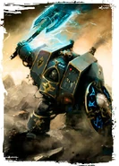 A Space Wolves Venerable Dreadnought in battle, utilising a Frost Axe and Storm Shield
