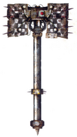 An Ork Big Choppa designed to be used in two hands, from the Goffs klan