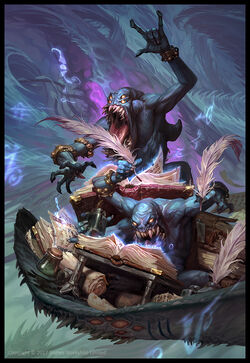 The Blue Scribes, P'tarix and Xirat'p, prepare to unleash a potent spell while riding atop their 
