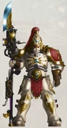 A Custodian of the Adeptus Custodes clad in the marble-white and red colours of the Solar Watch Shield Host.