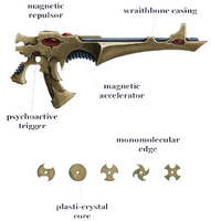 A schematic of a Shuriken Catapult and examples of monomolecular ammunition