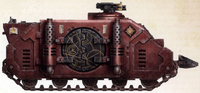 An ancient pict-capture of a Deimos Rhino of the Word Bearers Legion, side-view