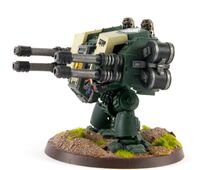 A Mortis Dreadnought of the Dark Angels Chapter armed with twin-linked Autocannons, side view