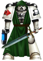 Angels of Absolution senior officer wearing a dark green hooded tabard, indiciating his position within the Chapter's Inner Circle