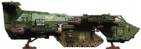 A Thunderhawk Transporter of the Dark Angels Space Marine Chapter; this Transporter is carrying a Land Raider Prometheus