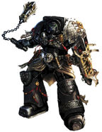 The Terminator-armoured Deathwatch Black Shield, Knight-Warden Alaric, bearing a Storm Shield and Power Flail.