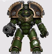A Legionary of the Salamanders Legion in Saturnine Pattern Terminator Armour during the Horus Heresy, armed with a Plasma Bombard and Saturnine Disruption Fist.