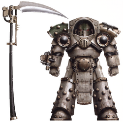 A Deathshroud Terminator in modified  armed with a  and an unidentified wrist-mounted  which projects chem-munitions of an unspecified nature.