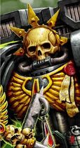 Chaplain Lemartes of the Blood Angels Chapter wearing his unique, master-crafted devotional Skull Helm.