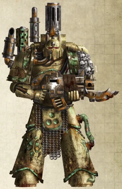 Apostles of Contagion warband colour scheme, as displayed by Bulghor Gloagh, festering chantsman of the Accursed Word.