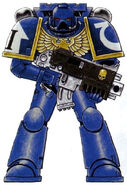 An Ultramarines Tactical Marine of the 2nd Company armed with Bolter in Mark VII Aquila Power Armour.