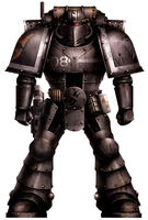 A VI Legion warrior in Mark II Crusade Pattern Power Armour before the return of Leman Russ; this Astartes was a Consul-Opsequiari of the infamous Discipline Corps, who helped maintain discipline in the Legion and had the power of life and death over his brothers; note the twin flame-blade insignia of the "Sanghauta" displayed on the armorial