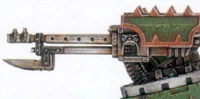 A reaper Autocannon mounted upon a Defiler Daemon Engine