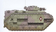 A Gryphonne IV Pattern Chimera belonging to the 113th Cadian Mechanised Infantry Regiment, armed with a turret-mounted Twin-linked Heavy Bolter.