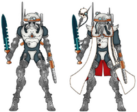 Sicarian Infiltrator and Infiltrator Princeps from the Forge World of Metalica; unusually, Metalica's Sicarians wear white battle plate, forgoing red altogether.