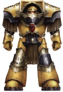 A Pre-Heresy Imperial Fists Terminator of the 12th Squad, 4th Company in Cataphractii Pattern Terminator Armour; note that this Legionary's armour bore the twinned axes on a red shield icon used by many units under the command of Seneschal Fafnir Rann; the cross on the right forearm marked him as a Veteran of his company while the fist and lightning bolts surmounted in black on the armour's greaves indicated that he fought in a campaign commanded by the Emperor Himself.