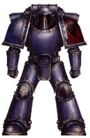 A Legionary of the "Crimson Sons" in Mark III Iron Power Armour, part of the formation that was created from the remnants of the VIII Legion's 9th Company, wearing the Night Lords Legion's original heraldry and colour scheme before the return of Konrad Curze