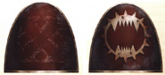 Mid-Heresy era World Eaters armourials; note the defaced World Eaters Assault Squad icon on right shoulder pauldron, while the left pauldron bears Post-Istvaan V Drop Site Massacre usage.