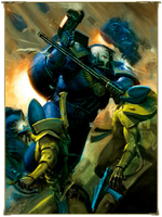 An Ultramarines Chapter Assault Marine engaging Asuryani forces.