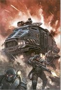 A Taurox Prime providing covering fire for a squad of Tempestus Scions.