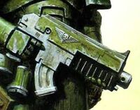 A Mark IV Pattern Bolter used by the Astartes of the Raptors Chapter