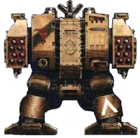 The Mark V Mortis Pattern Castraferrum Dreadnought Hellfire of the Minotaurs Chapter that fought during the Orphean War, armed with two Missile Launchers
