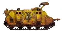 A Death Guard Legion relic Rhino armoured personnel carrier with forward pintle-mounted Storm Bolter