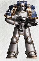 Brother Veraxus before the Horus Heresy, an anointed member of the Davinite Warrior Lodges of the XII Legion wearing Mark III Iron Power Armour and wielding an archaic pattern Bolter.