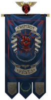 The Chapter Banner of the Crimson Fists flew high and proud on Vigilus during the War of Beasts, held aloft by the Chapter Ancient Endigio Gomarex. Those lost in the Rynn's World disaster were remembered on its insets.