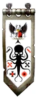 Banner of House Degallio; the kill markings are framed by images of sea monsters native to the house's homeworld
