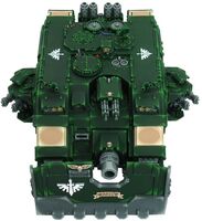 A Land Raider Ares of the Dark Angels Space Marine Chapter, front dorsal view