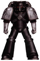 Raven Guard Assault Legionary, Ghelt, Squad Lyso, Assault Company, 4th Battalion, 5th Chapter; this Astartes is wearing late production Mark IV Maximus Pattern battle-plate with Artificer-applied surface etching. He is outfitted with the Phaeton Pattern Heavy Lift Jump Pack commonly used with Mark IV Power Armour. The white applied to the shoulder, forearm and gauntlet plates was an informal practice amongst Veteran Assault Squads which became much more common after the Legion's return to Deliverance, following the Drop Site Massacre of Istvaan V