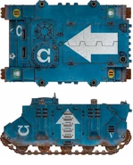Rhino APC of the Ultramarines 2nd Company; this vehicle is currently assigned to the company's 4th Tactical Squad; dorsal and profile views shown.