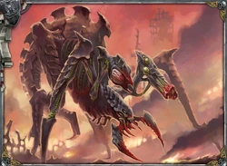 A Hierophant  stalking over the ruins of an  .