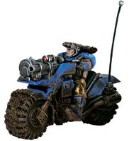 A Scout Bike of the Ultramarines Chapter armed with an Astartes Grenade Launcher