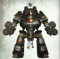 The Contemptor-Mortis Dreadnought Salaghast of the dreaded Black Legion; this Dreadnought took part in the 9th Black Crusade; note that this Dreadnought may not be a true Mortis Dreadnought, as it is unknown if it is equipped with a Helical Targeting Array