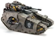 A twin-linked Herakles Pattern Accelerator Autocannon mounted upon the turret of an ancient Sicaran Battle Tank of the Pre-Heresy Iron Warriors Legion.