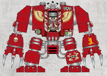 A Furioso Dreadnought of the elite Archangels Company; note that the white skull emblem of the Archangels is prominently displayed; the plate of this Dreadnought also bears a yellow vehicle numeral, along with the usual elaborate decorative designs, slogans, and personal heraldry