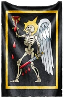 Blood Angels Chaplain Back Banner variant; invariably these banners contain winged skeletal heralds that serve as grim reminders of the genetic Flaw that all Blood Angels inherit