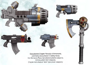 A panopoly of common Executioners small arms, including a Ryza Pattern Plasma Gun and Plasma Pistol, an Umbra Pattern Bolter and Bolt Pistol, and a Power Axe.