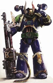 Un Space Marine du Chaos de l'insidieuse Alpha Légion avec son Canon Automatique modifié.