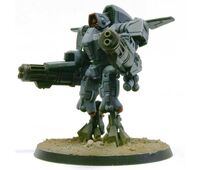 An XV9-01 Hazard Battlesuit armed with Fusion Cascades, left view