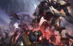 On the  of , a lance of Chaos Knights drawn from across the galaxy marched at the fore of a vast heretical army, slaughtering the Imperial warriors who had arrived on-world as part of the . Among those slain by the Questor Traitoris war engines were several  of the Loyalist , whose blasted chassis were trampled ingloriously into the ash and mud.