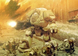 An ancient Contemptor Dreadnought of the   during combat.