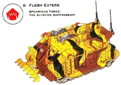A Flesh Eaters  APC deployed as part of the Alvatine Suppression spearhead force, detailed in a desert  pattern.