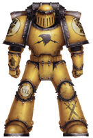 A Pre-Heresy Imperial Fists Legion Tactical Squad Marine in late production Mark III Iron Pattern Power Armour; note the Unification icon worn on chest; the crossed swords symbol on his leg armour was used as an Imperial Army badge while the arrow on the right forearm marks him as a member of one of his Legion's Tactical line units