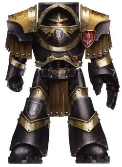 A Pre-Heresy    of the 2nd Assault Echelon, 6th Company in  and outfitted with a ; note that this Astartes is depicted wearing the black and gold of his particular company heraldry while the armourial shield at his shoulder indicates membership of a senior vanguard assault formation. It was a Veteran like this who would have served among the Huscarls.