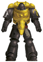 A Scythes of the Emperor Primaris Space Marine, Brother Thetros, 2nd Company, 2nd Squad (Battleline) in Mark X Tacticus Power Armour; unusually, the Scythes of the Emperor display their company markings through the Aquila on their breastplates; Veteran status is denoted by a yellow left knee adorned with a black skull.