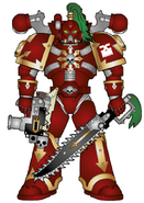 A Butcherhorde Khorne Berzerker; note that this is a warrior of the World Eaters, most likely a member of one of the many countless murderous hosts that splintered from the original Legion